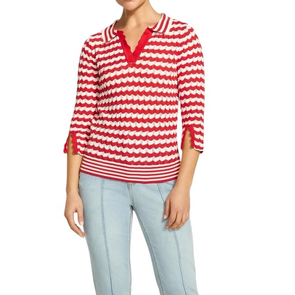 FDJ Sweaters - FDJ French dressing jeans 3/4 Sleeve Polo Sweater, Red Stripe size small